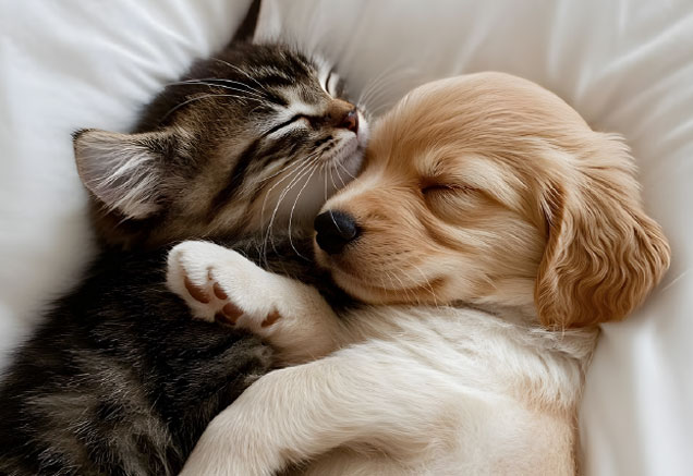 Sleeping puppy and kitten